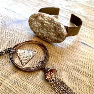 Set of Handmade Stone and Copper Cuff Bracelet With Rustic Necklace